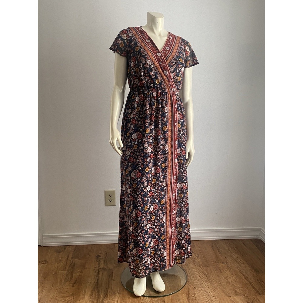 Xhilaration Dress Maxi Faux Wrap Boho/ Navy Abstract Print W/ Belt Large - Picture 2 of 9